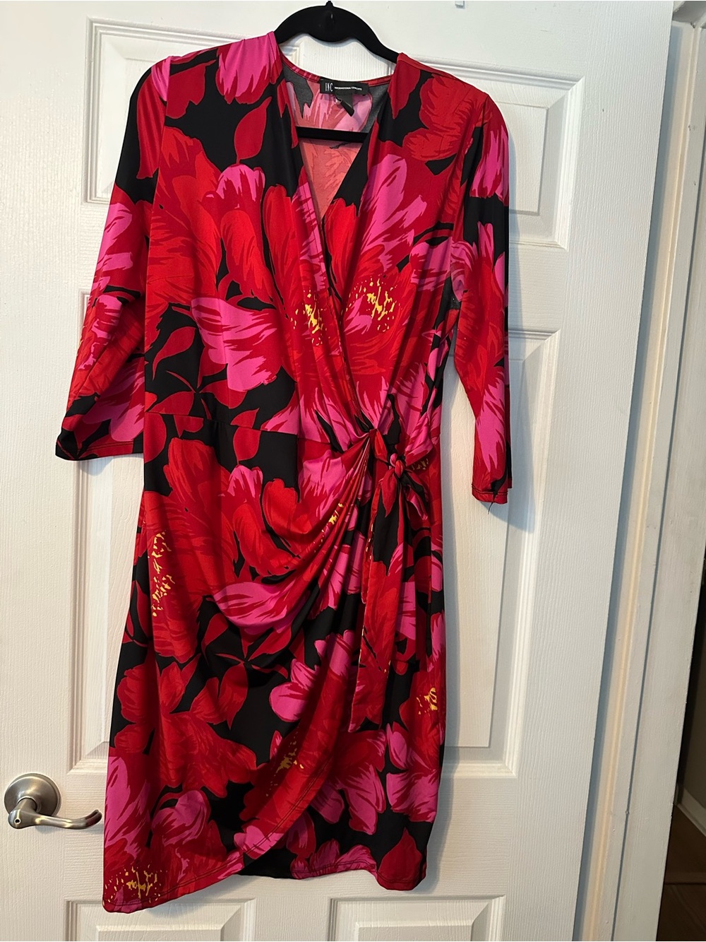INC International Concepts Black and Hot Pink Floral Scoop Faux Wrap Dress